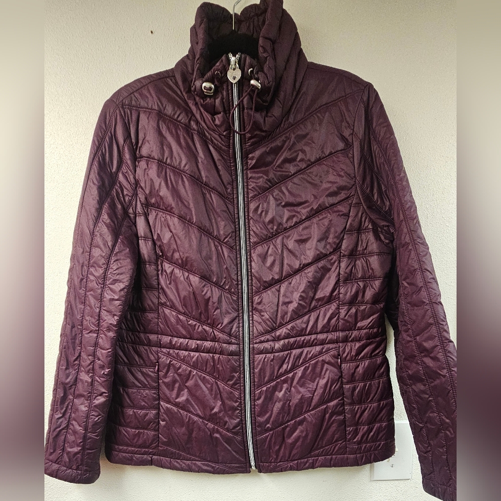Guess Quilted Puffer Coat Jacket Women's Wine Red Zip Up Lightweight
